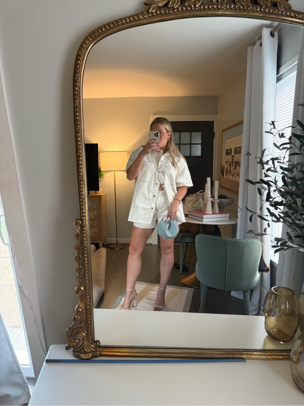 Showpo White Denim Short Set with Button-Up Shirt